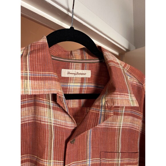 Tommy Bahama Men’s XLOrange Plaid 100% Linen Short Sleeve Button Shirt - Picture 2 of 13